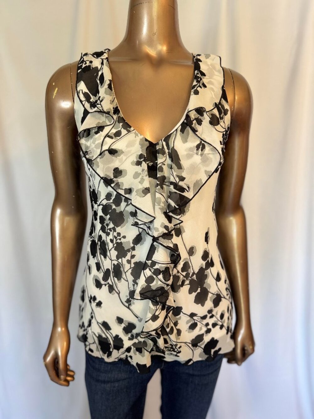 BCX Sleeveless Blouse with Ruffle Front and Lace Back